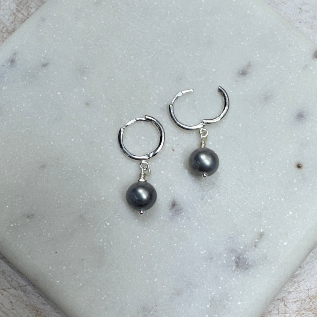 Dark Grey Freshwater Pearl Silver Huggie Hoop Earrings