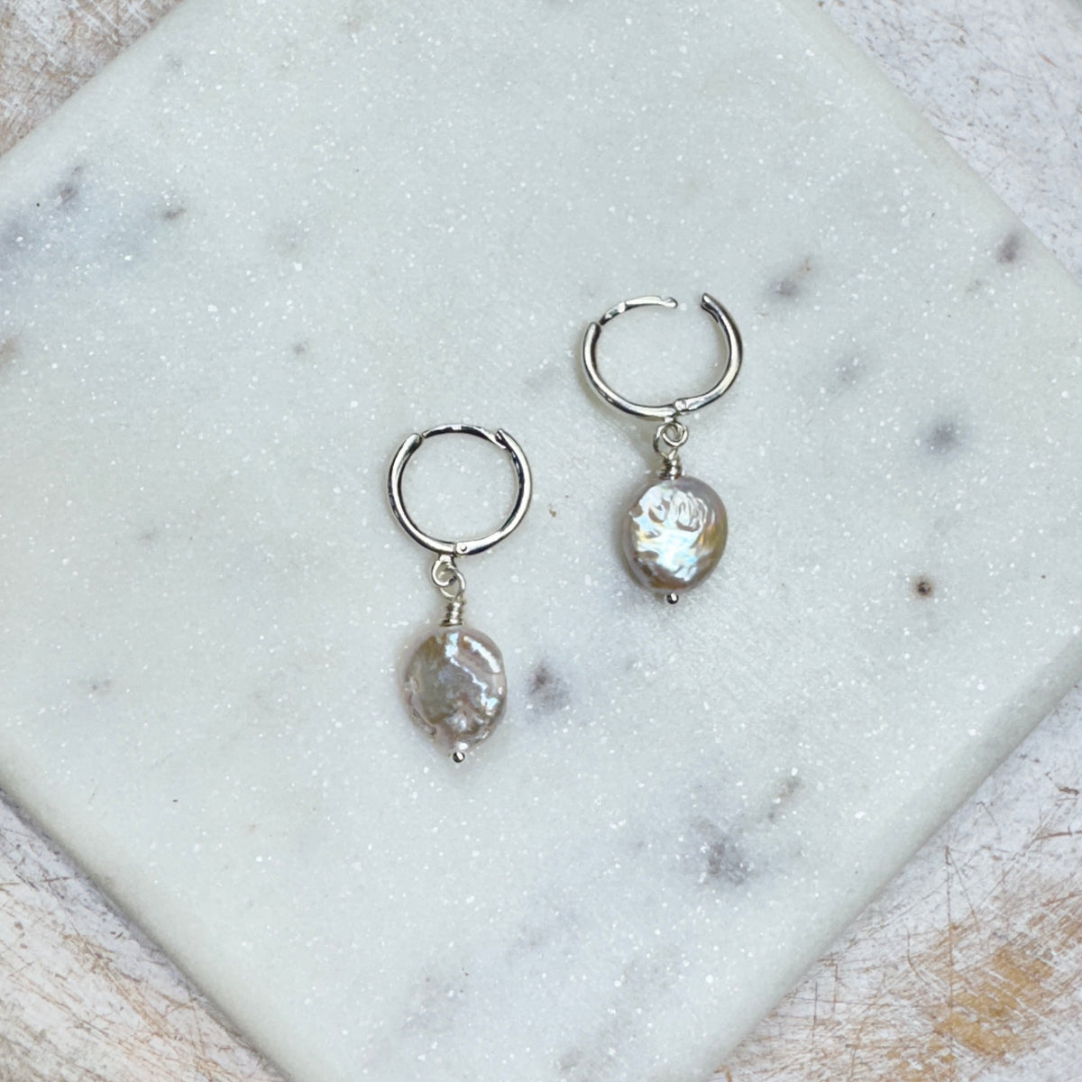 White Coin Pearl Silver Huggie Hoop Earrings