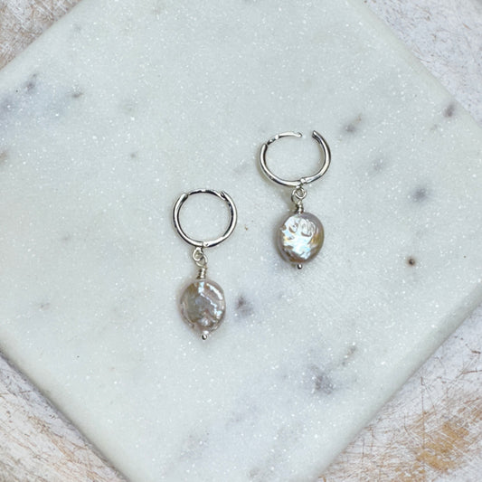 White Coin Pearl Silver Huggie Hoop Earrings