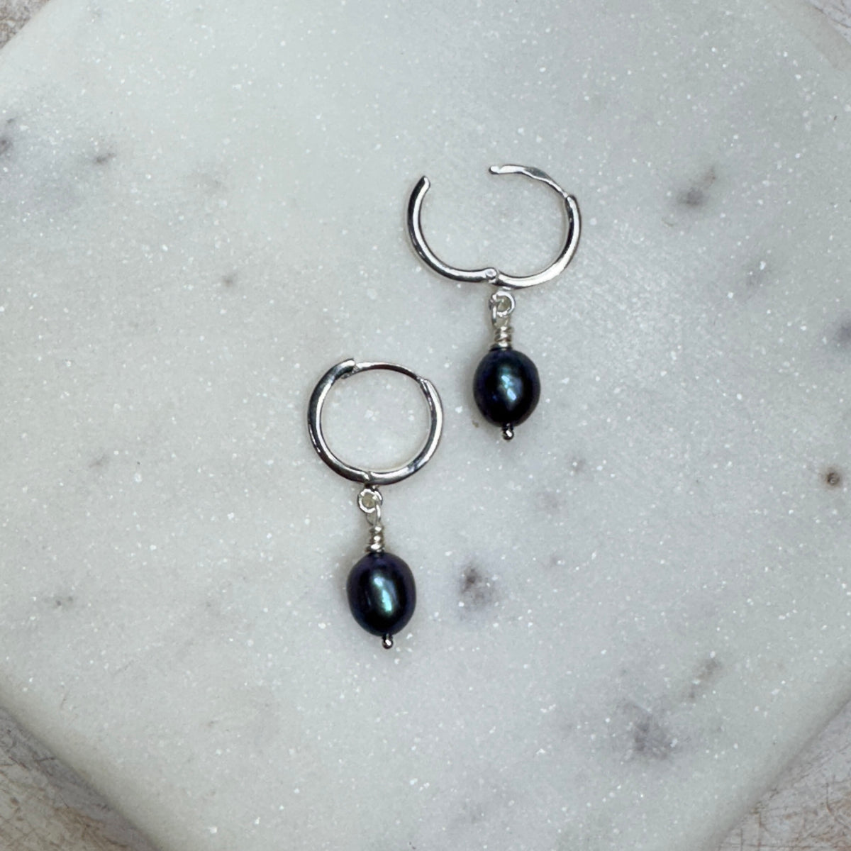 Peacock Potato Pearl Silver Huggie Hoop Earrings