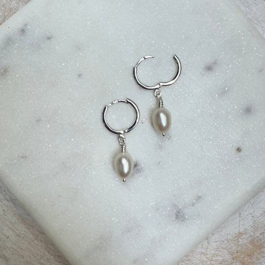 White Potato Pearl Silver Huggie Hoop Earrings