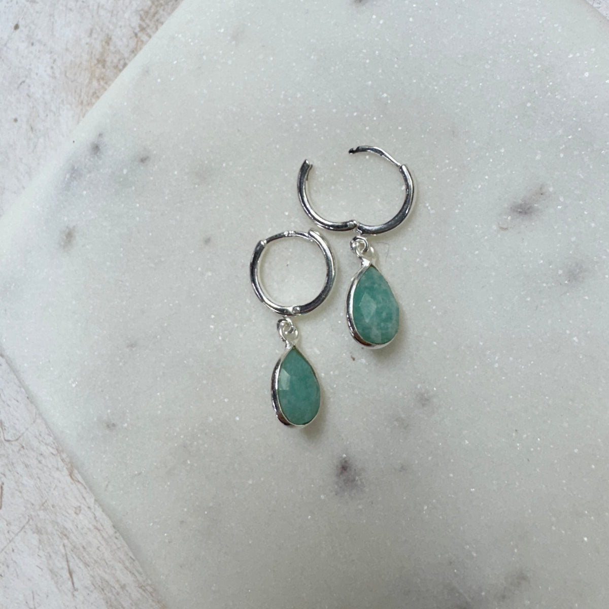 Amazonite Teardrop Silver Huggie Hoop Earrings