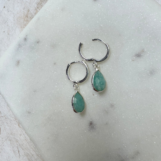 Amazonite Teardrop Silver Huggie Hoop Earrings