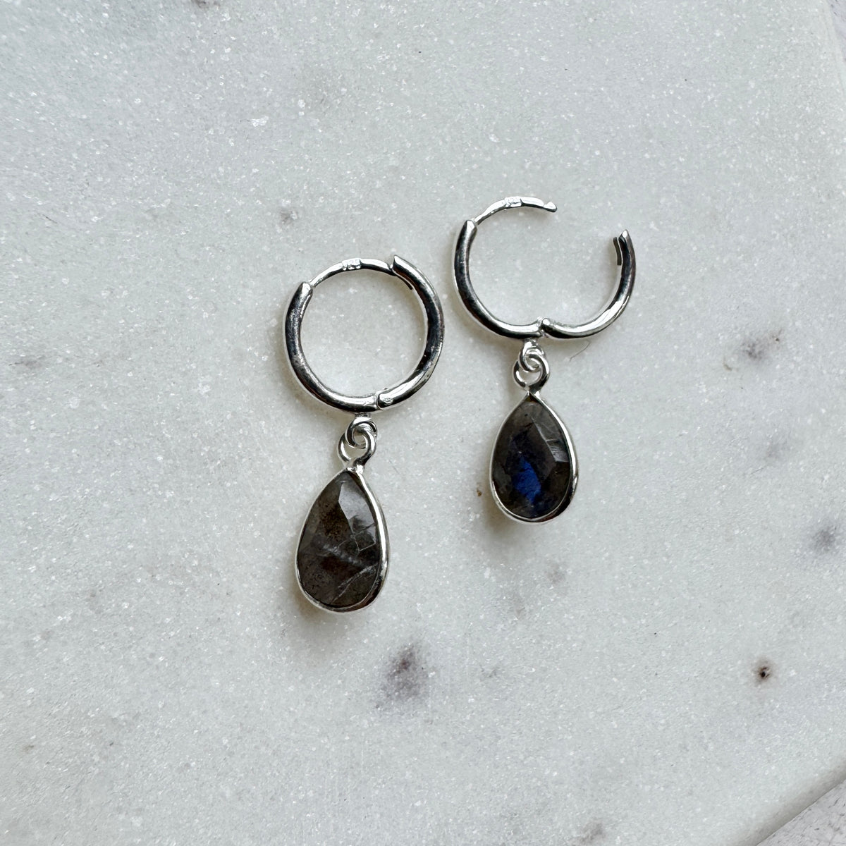 Labradorite Teardrop Silver Huggie Hoop Earrings