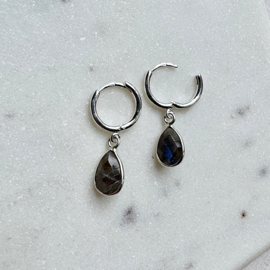 Labradorite Teardrop Silver Huggie Hoop Earrings