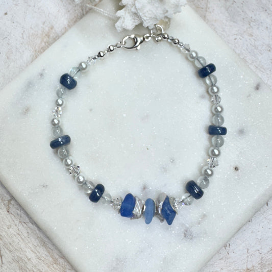 Cornflower Sea Glass & Keshi Pearl Bracelet