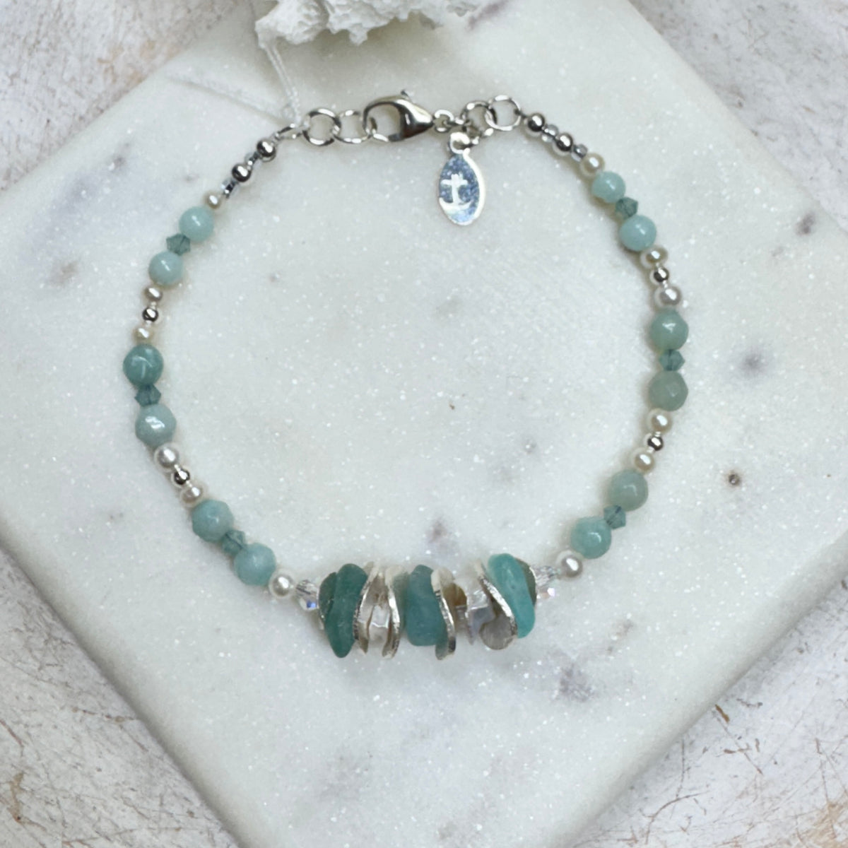 Aqua Sea Glass & Keshi Pearl Bracelet (A)