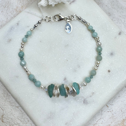 Aqua Sea Glass & Keshi Pearl Bracelet (A)