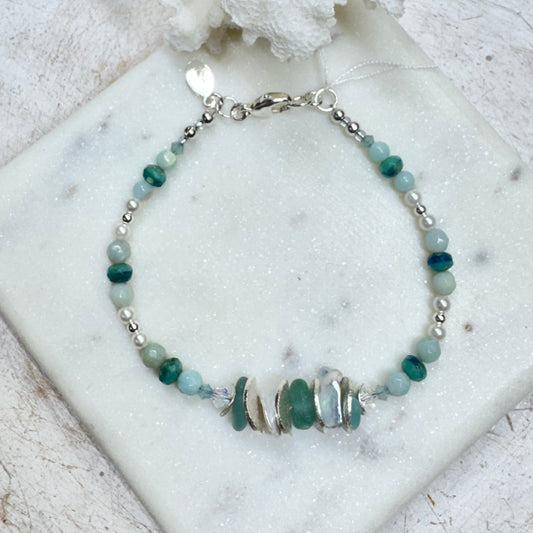Aqua Sea Glass & Keshi Pearl Bracelet (B)
