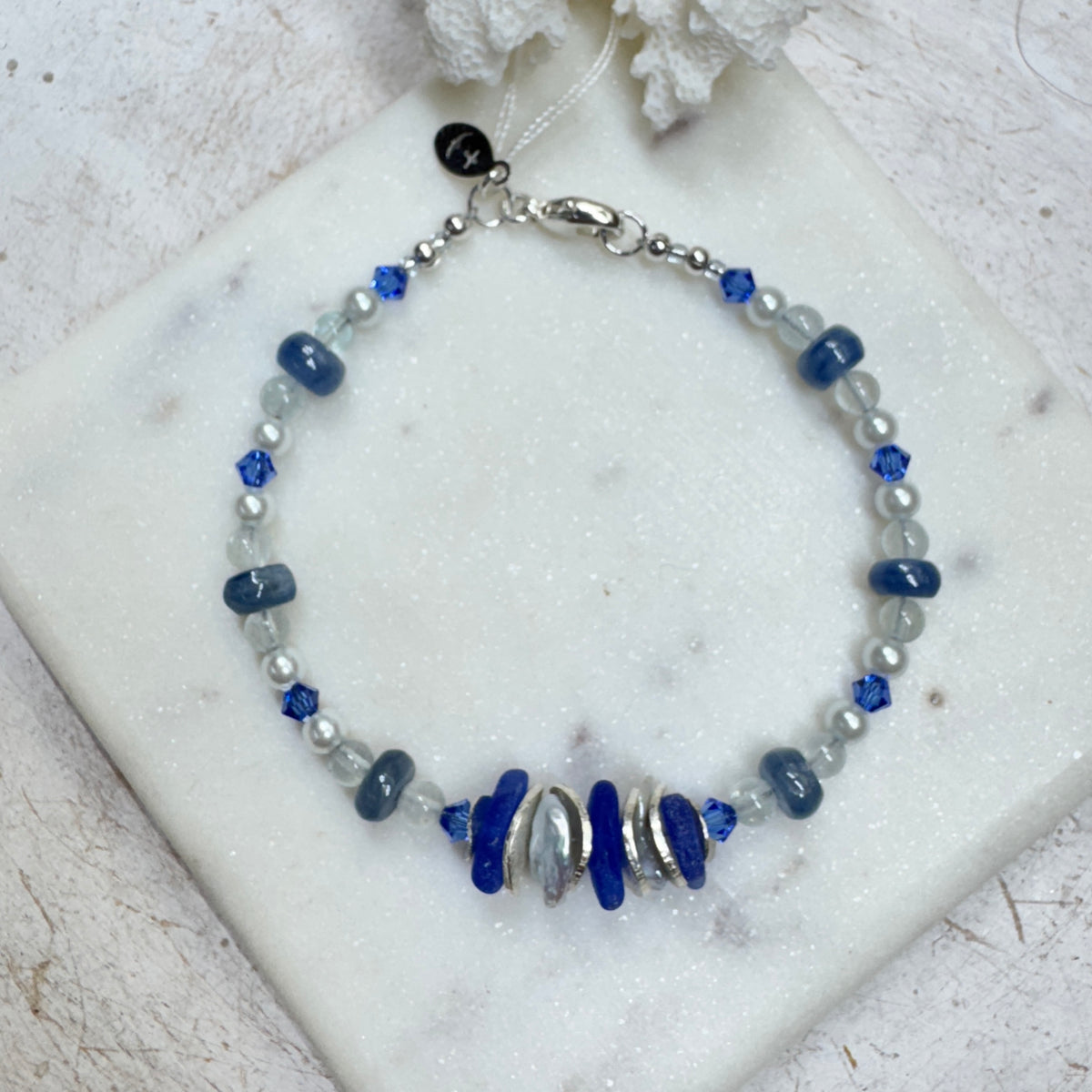 Cobalt Sea Glass & Keshi Pearl Bracelet