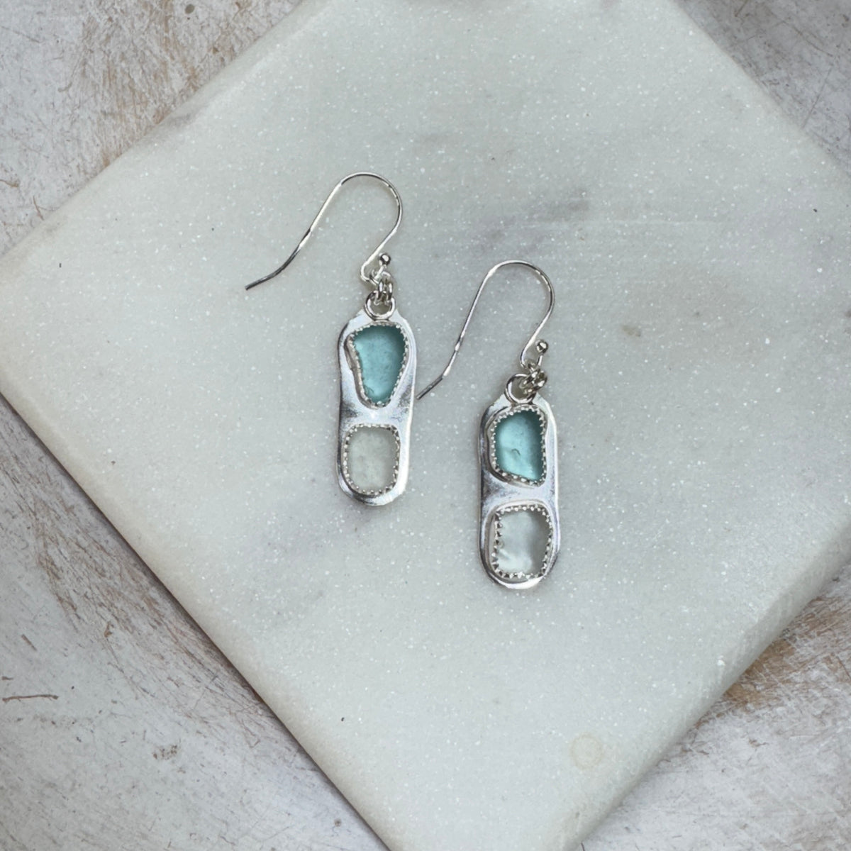 Aqua & White Sea Glass Earrings