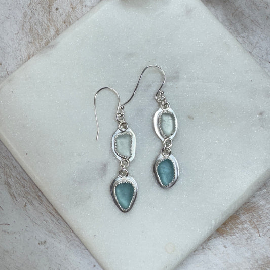 Aqua & White Sea Glass Dangle Earrings