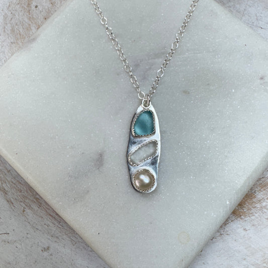 Aqua & White Sea Glass with Pearl Necklace