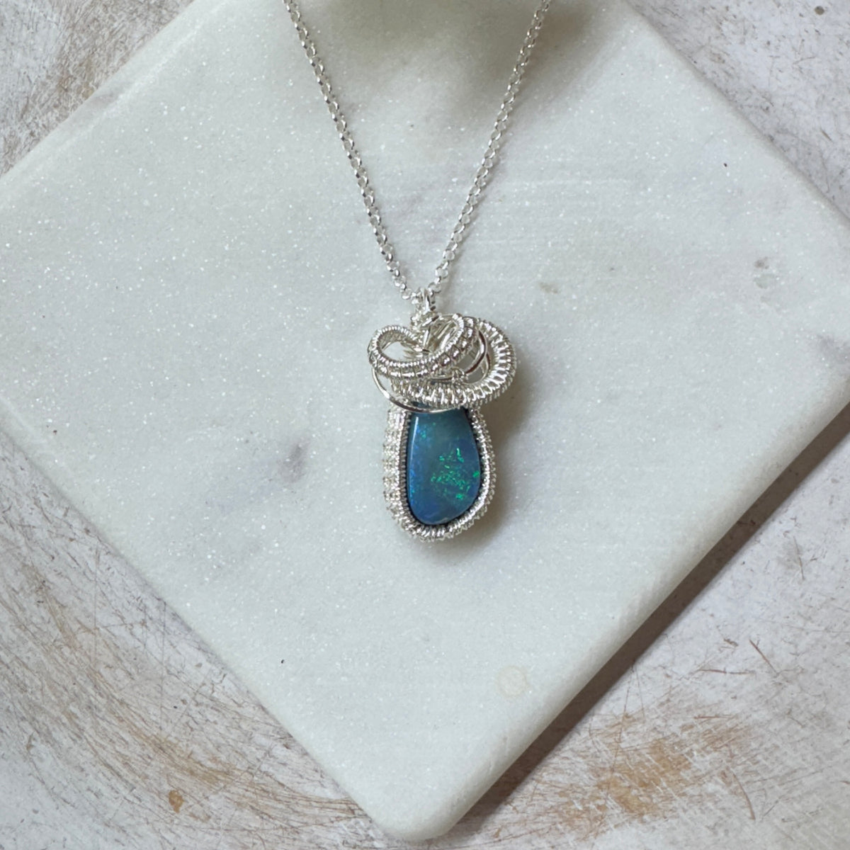 Australian Blue Opal Silver Woven Necklace