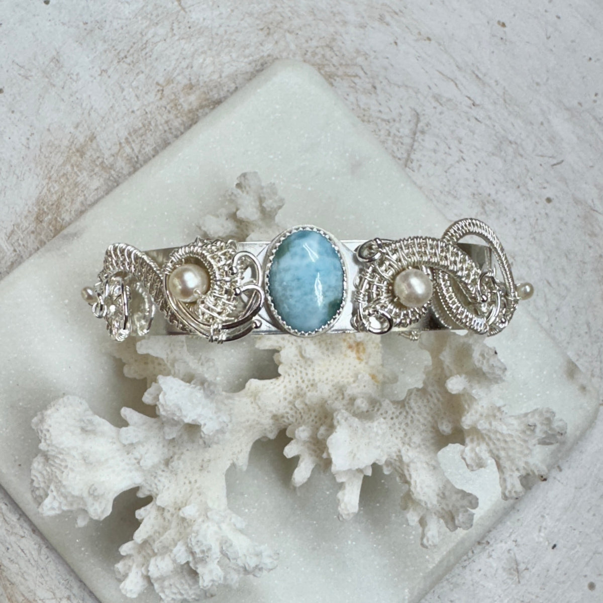 Larimar & Pearl Woven Silver Cuff Bracelet