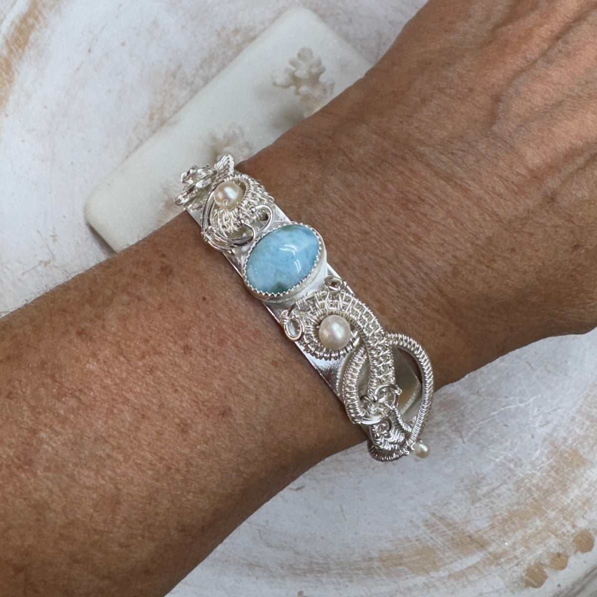 Larimar & Pearl Woven Silver Cuff Bracelet