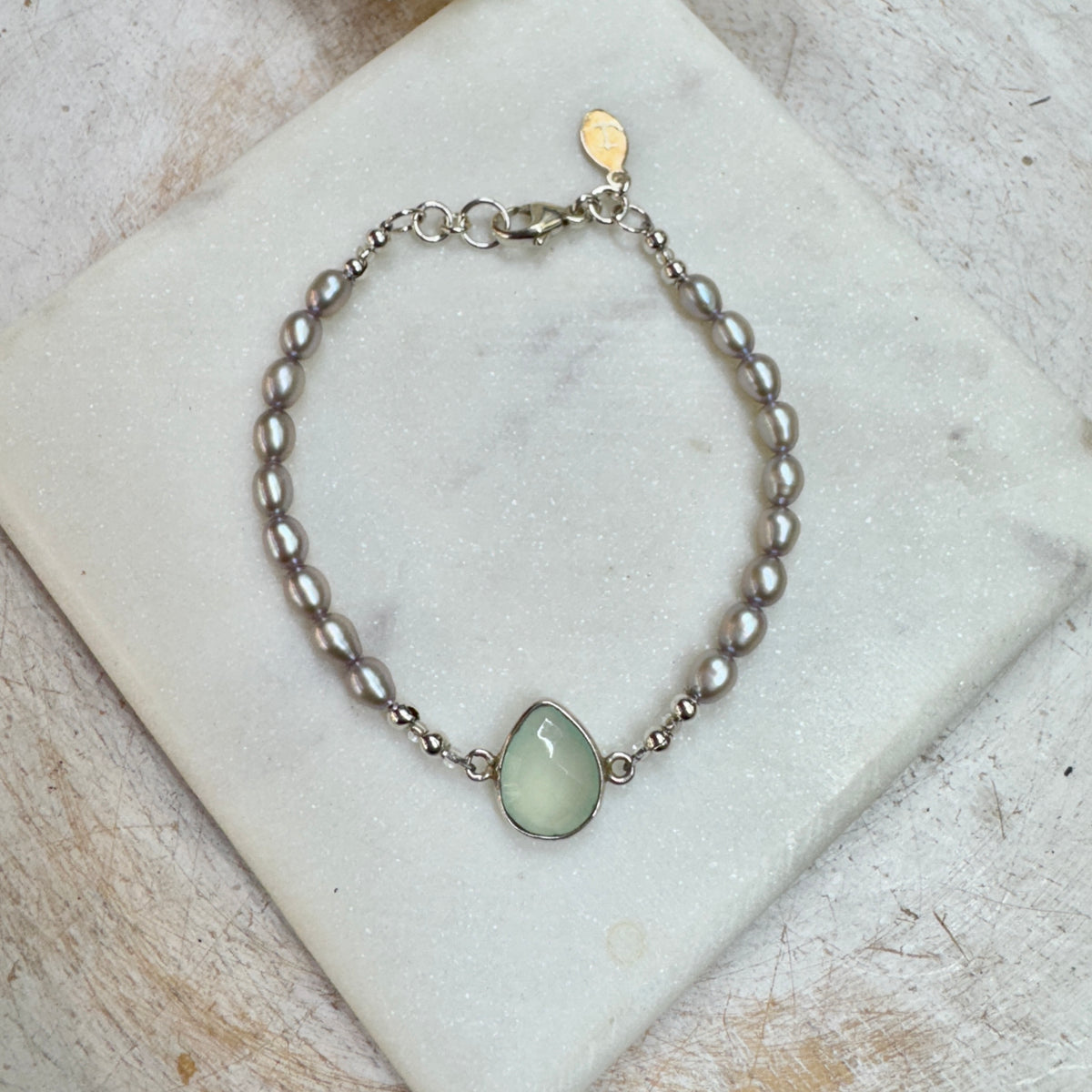 Aqua Chalcedony & Grey Pearls Bracelet