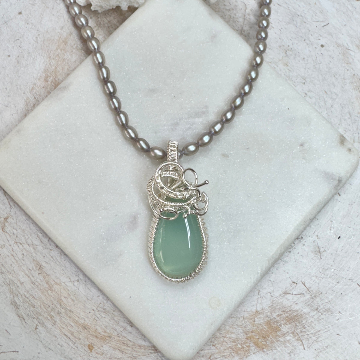 Aqua Chalcedony & Grey Pearls Silver Woven Necklace