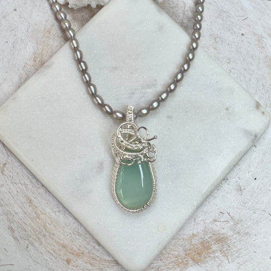 Aqua Chalcedony & Grey Pearls Silver Woven Necklace