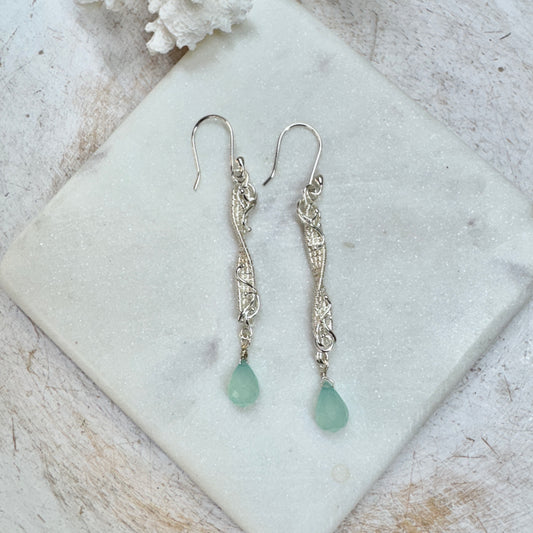 Blue Chalcedony Teardrop Twist Silver Woven Earrings