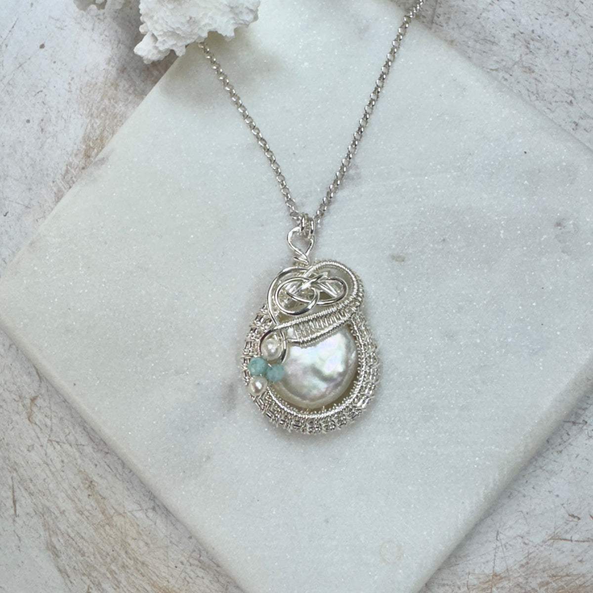 Freshwater Coin Pearl Silver Woven Necklace with Larimar & Pearl Accents