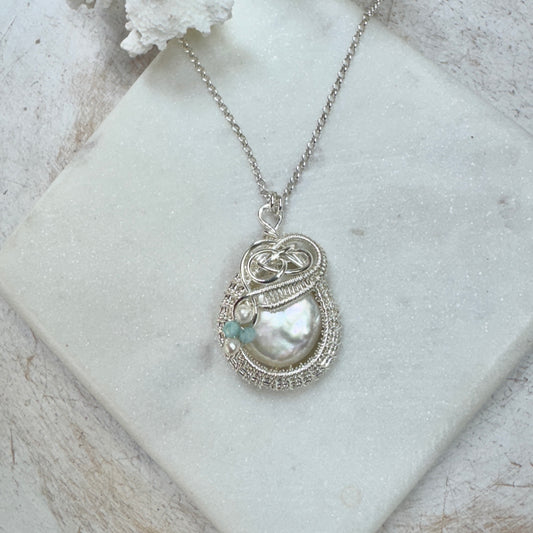 Freshwater Coin Pearl Silver Woven Necklace with Larimar & Pearl Accents