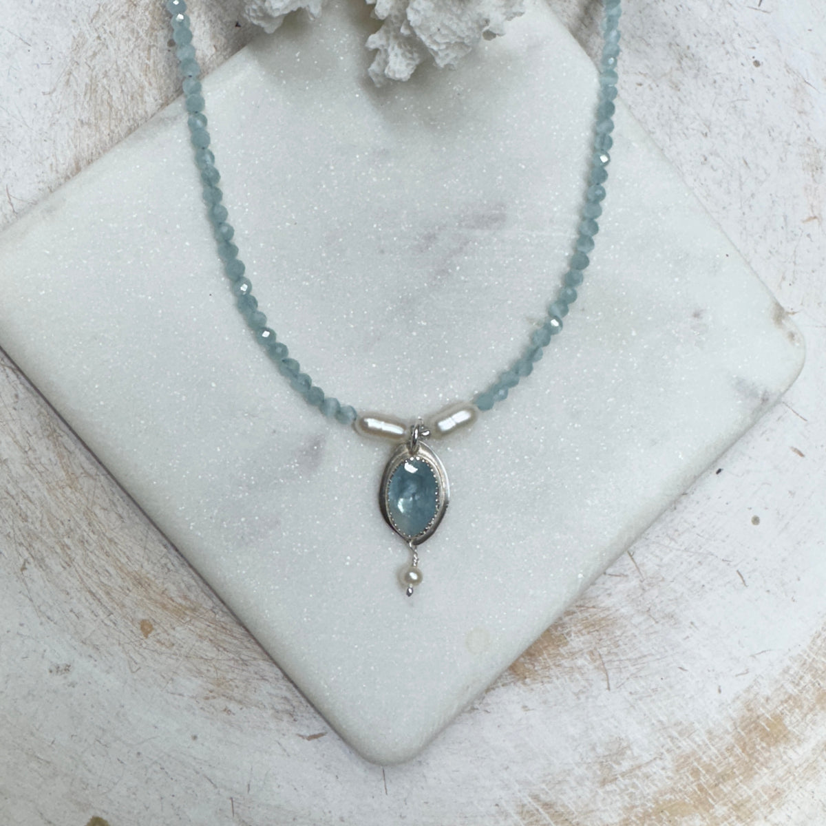 Swiss Blue Topaz with Aqua Catseye Beaded Necklace