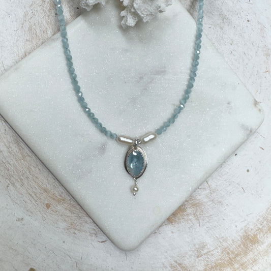 Swiss Blue Topaz with Aqua Catseye Beaded Necklace