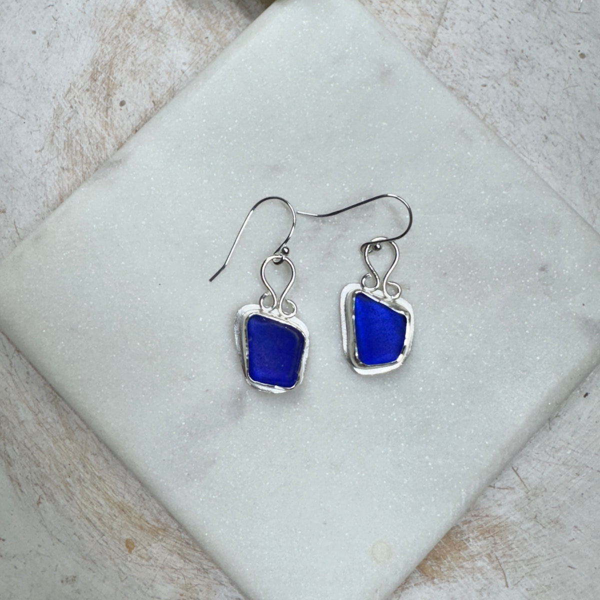 Cobalt Blue Sea Glass Silver Earrings with Loop Hook