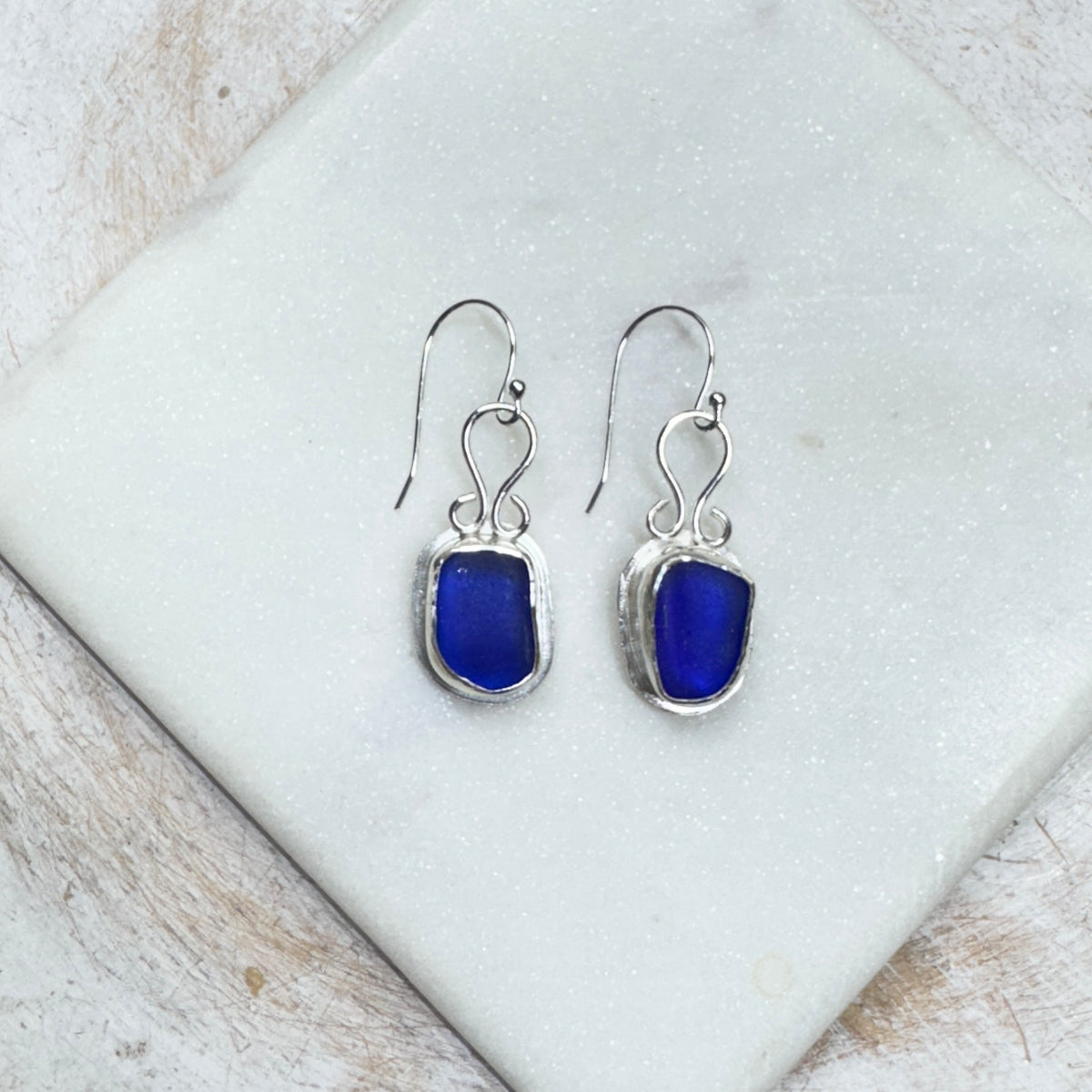 Cobalt Blue Sea Glass Silver Earrings with Loop Hook