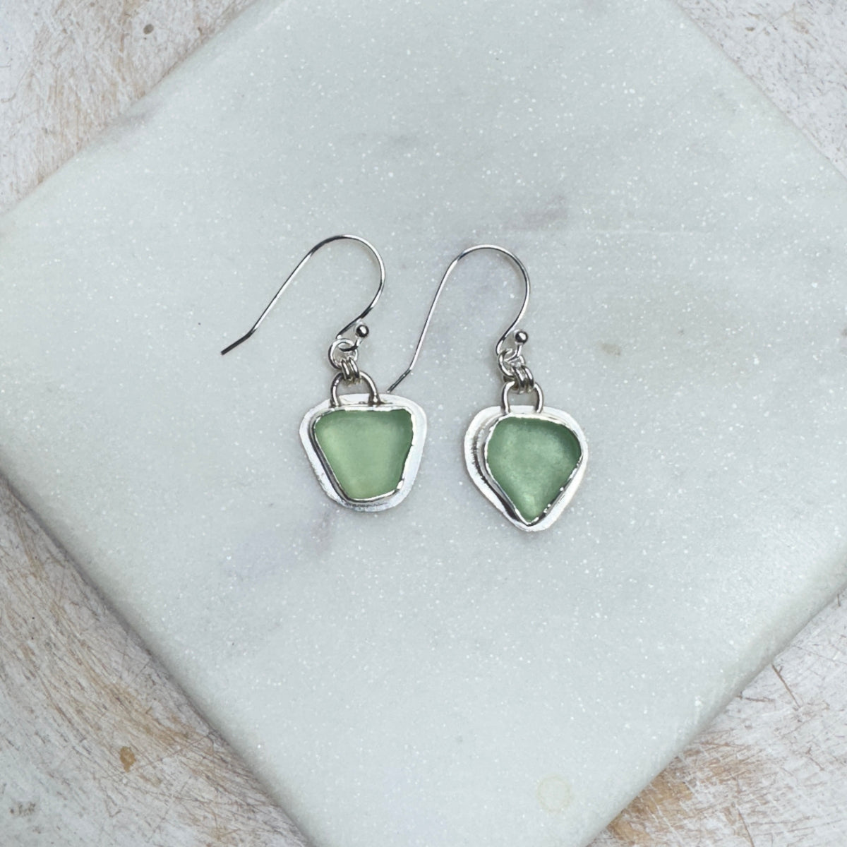 Pale Green Glass Bezel Set Silver Earrings