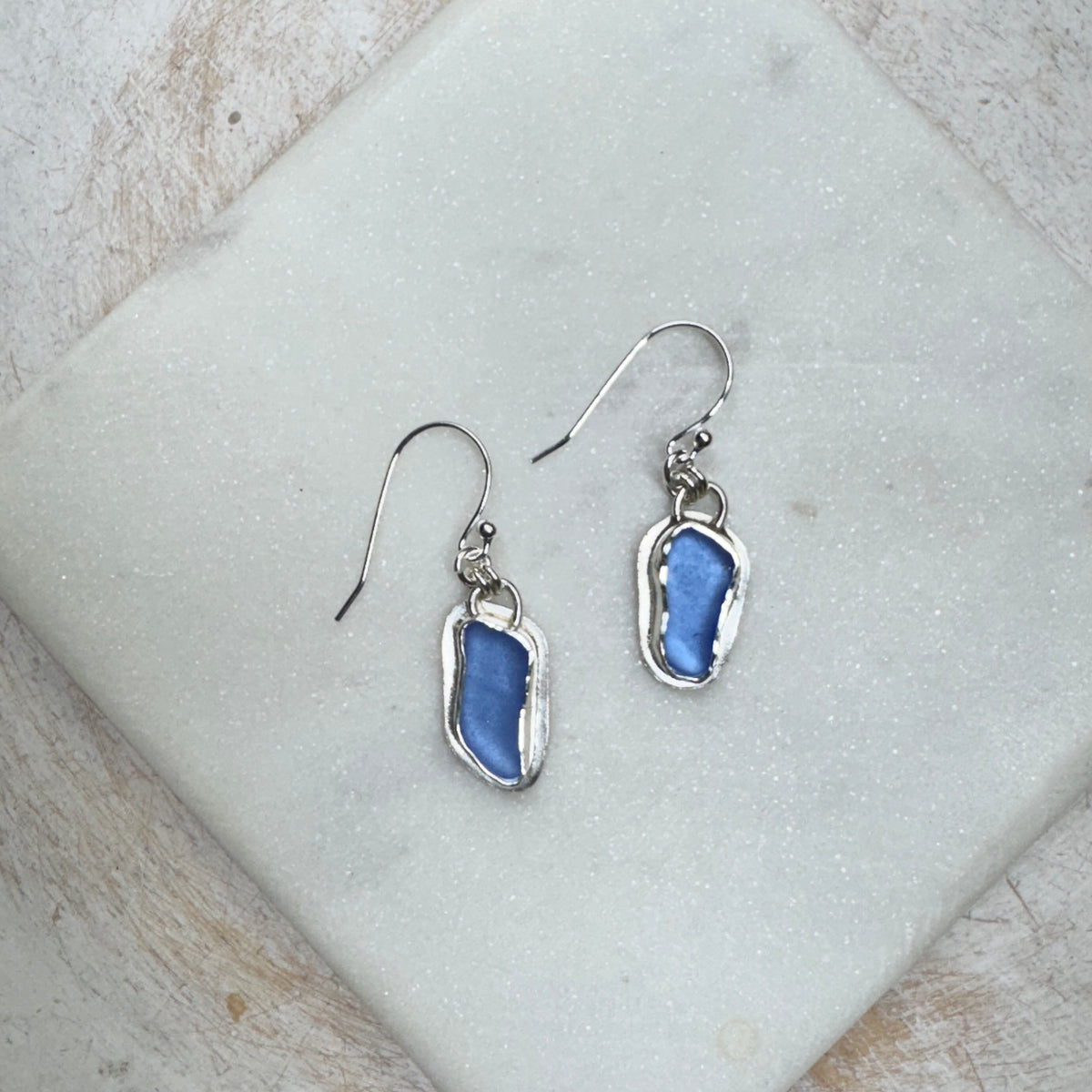 Light Cornflower Sea Glass Bezel Set Silver Earrings