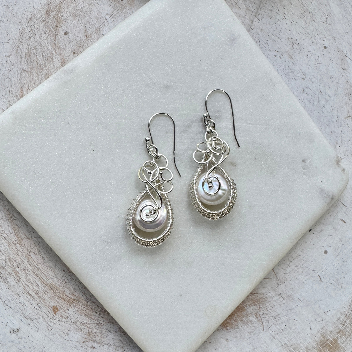 Freshwater Coin Pearl Silver Woven Earrings