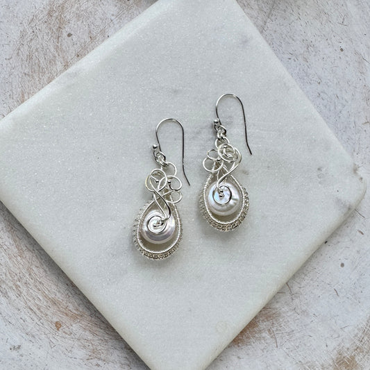 Freshwater Coin Pearl Silver Woven Earrings