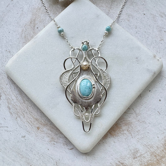 Larimar & Freshwater Pearl Silver Woven Shield Necklace