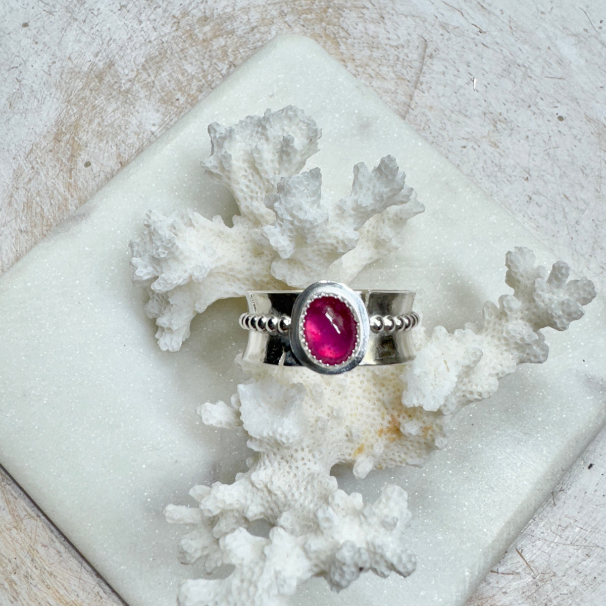 Pink Sapphire Organic Silver Wide Ring (Size 11.5)