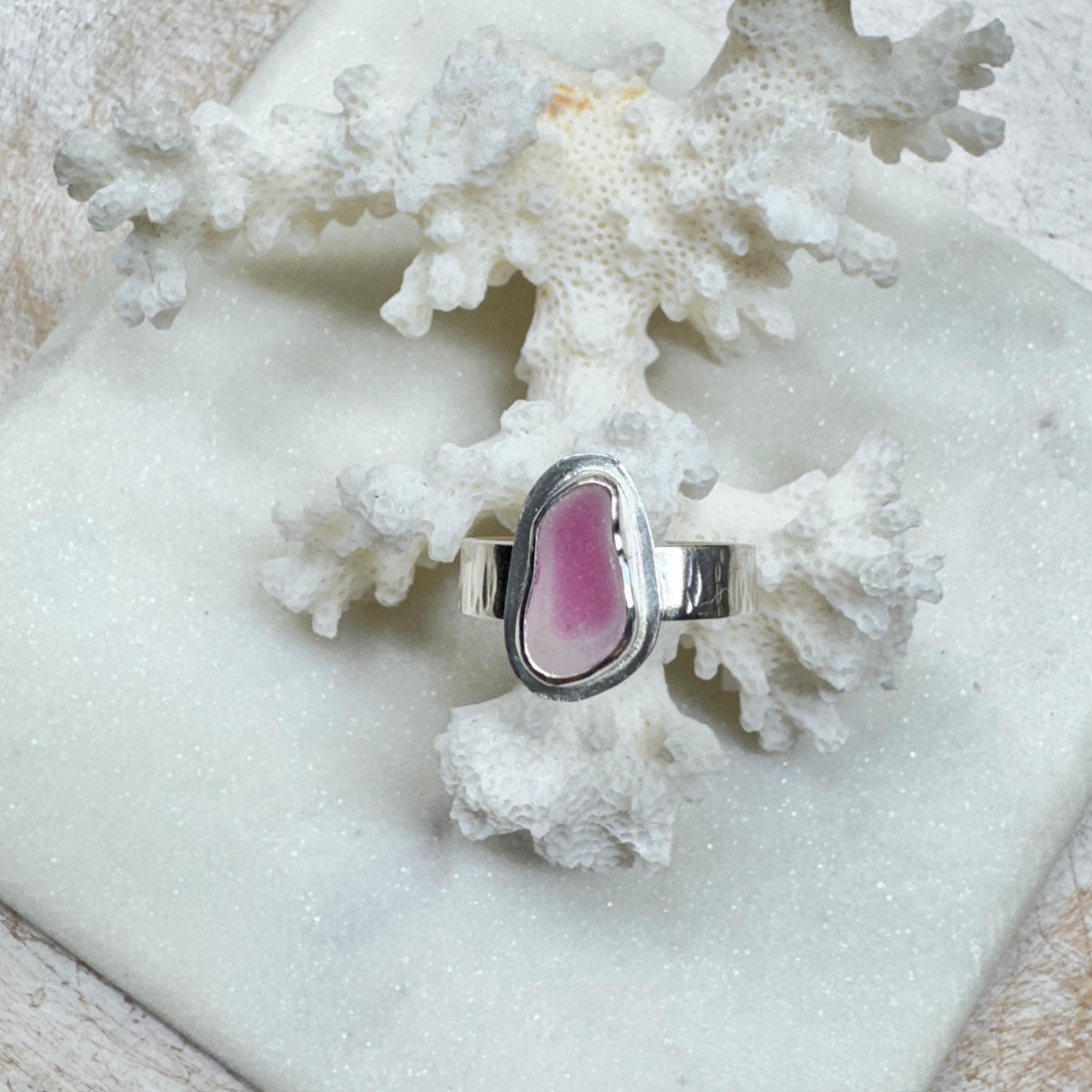 Pink Seaham Sea Glass Silver Ring (Size 7)