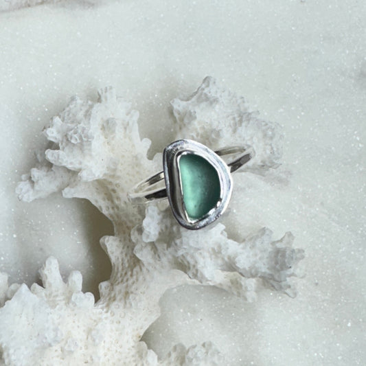 Aqua Sea Glass Silver Stacking Ring (Size 7.25)