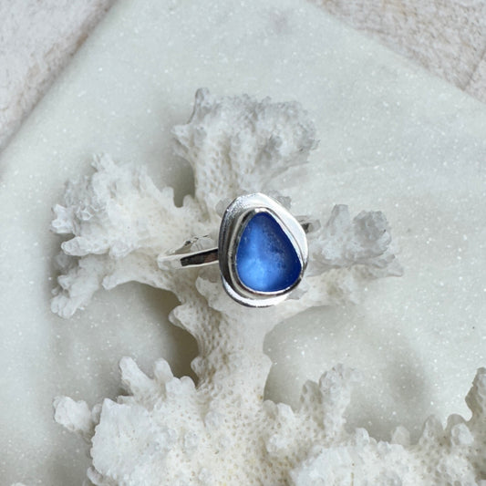 Cornflower Sea Glass Silver Stacking Ring (Size 7)