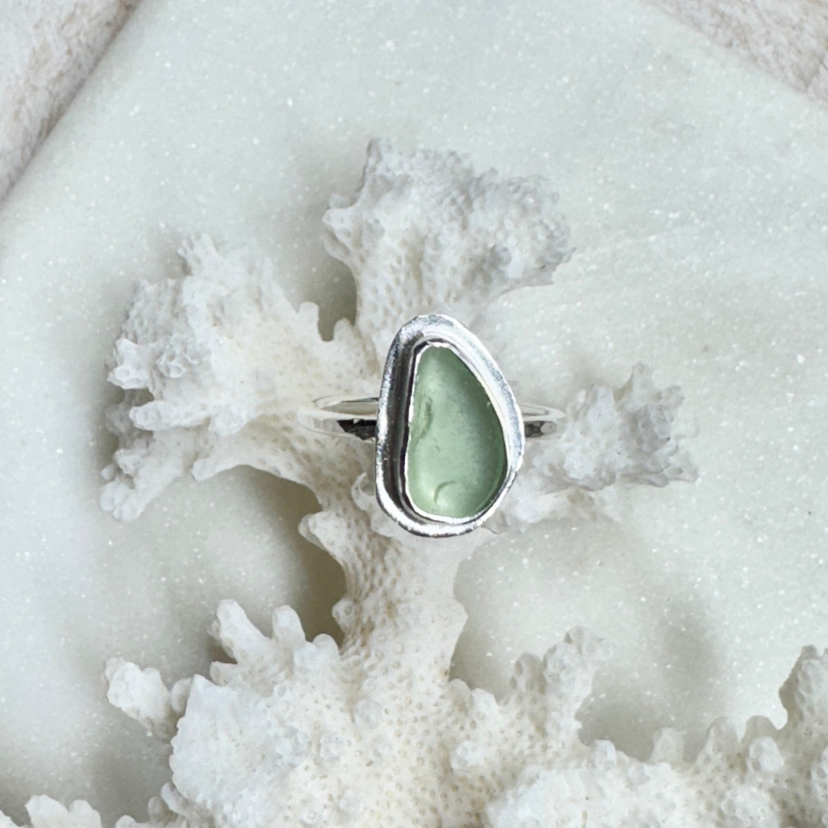 Aqua Sea Glass Silver Stacking Ring (Size 7.25)