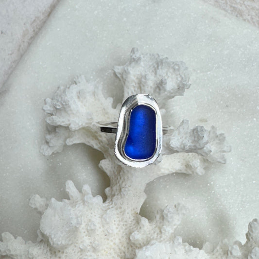 Cobalt Sea Glass Silver Stacking Ring (Size 6)