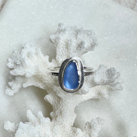 Cornflower Sea Glass Silver Stacking Ring (Size 5)