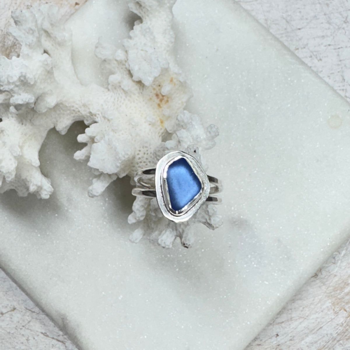 Cornflower Blue Glass Double Band Silver Ring (Size 6)