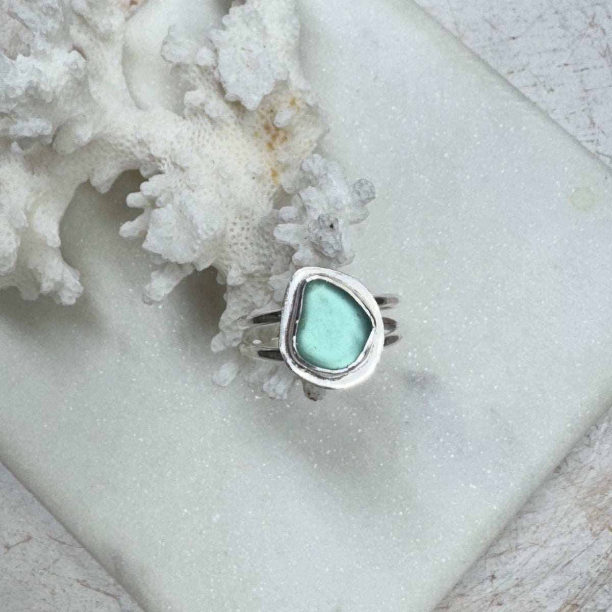 Aqua Sea Glass Double Band Silver Ring (Size 6.5)