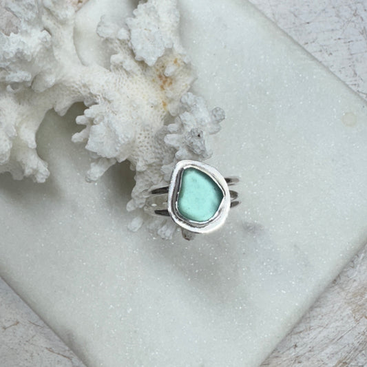Aqua Sea Glass Double Band Silver Ring (Size 6.5)