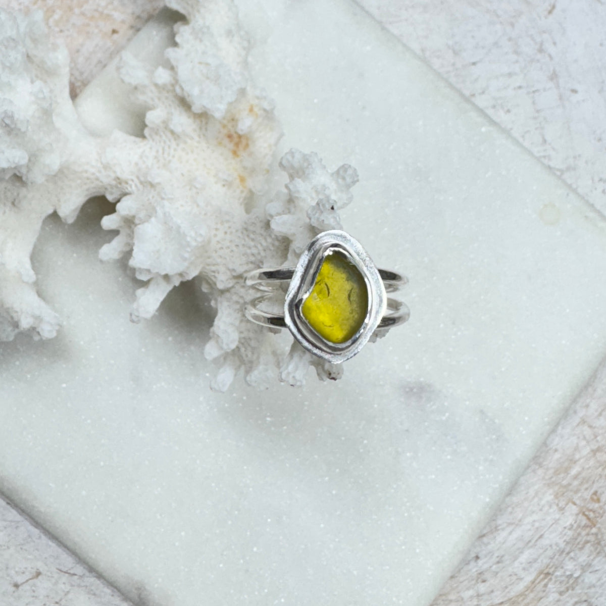 Chartreuse Green Sea Glass Double Band Silver Ring (Size 7)