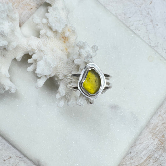 Chartreuse Green Sea Glass Double Band Silver Ring (Size 7)