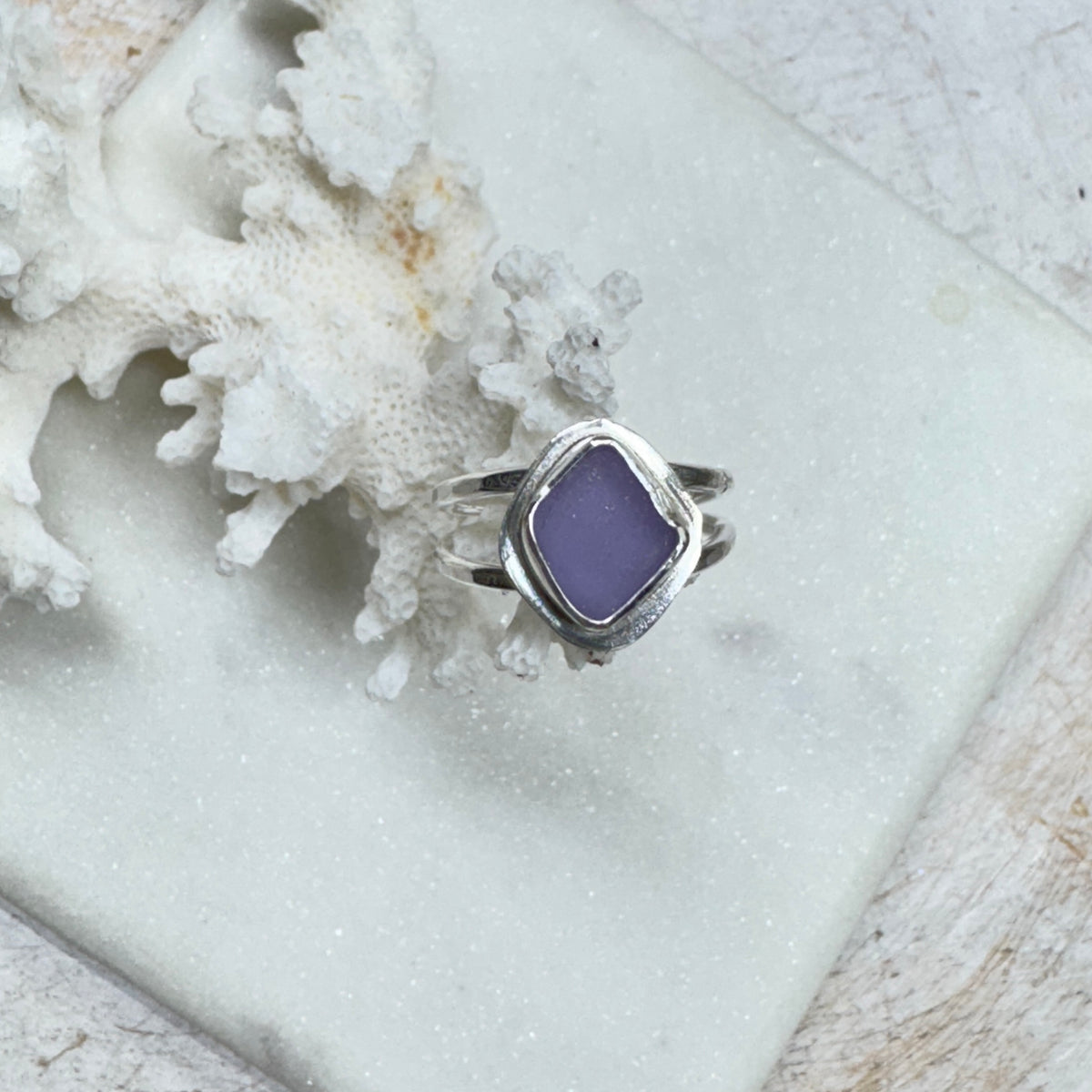 Purple Sea Glass Double Band Silver Ring (Size 7)