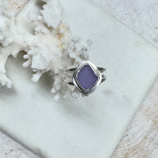 Purple Sea Glass Double Band Silver Ring (Size 7)