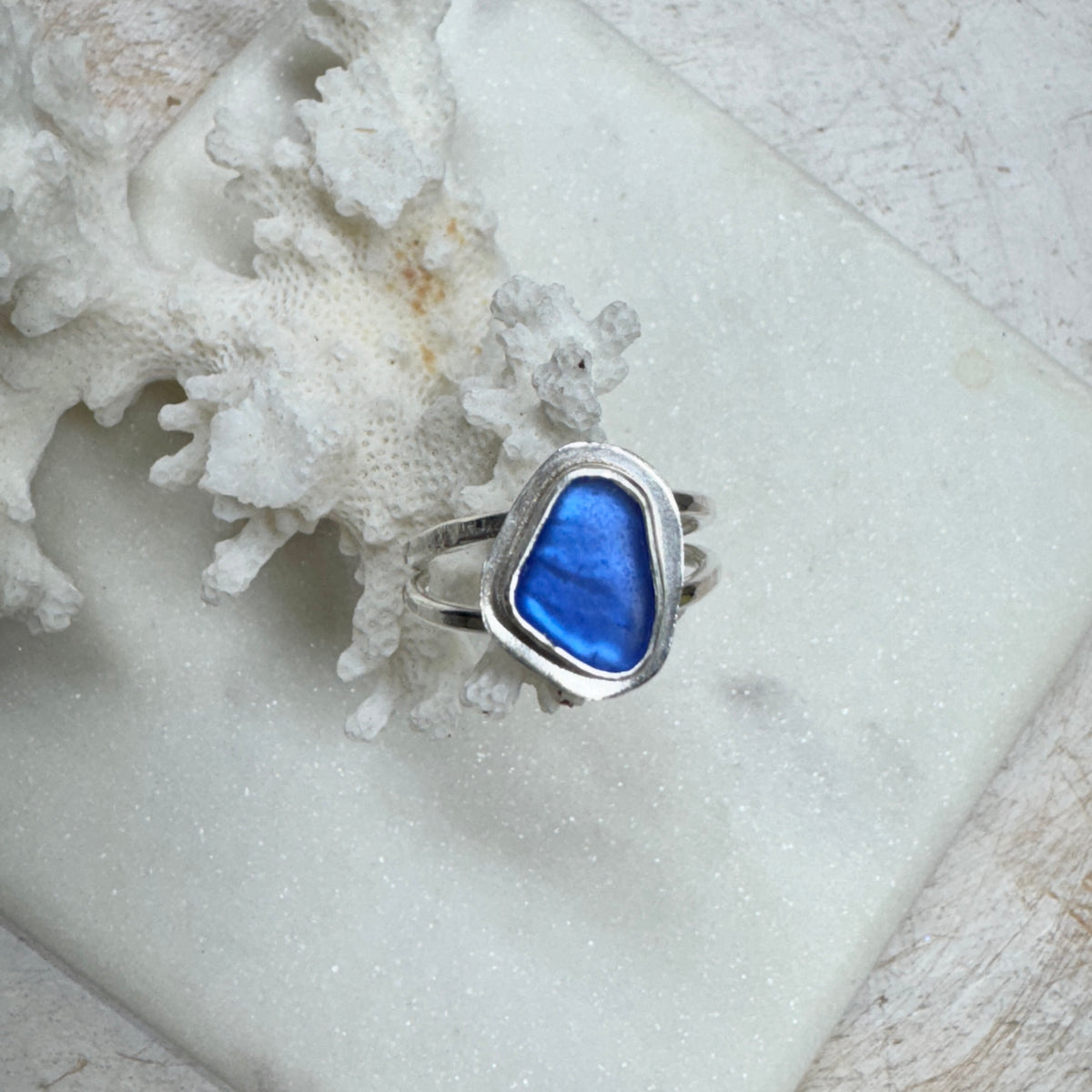Cobalt Blue Glass Double Band Silver Ring (Size 7)
